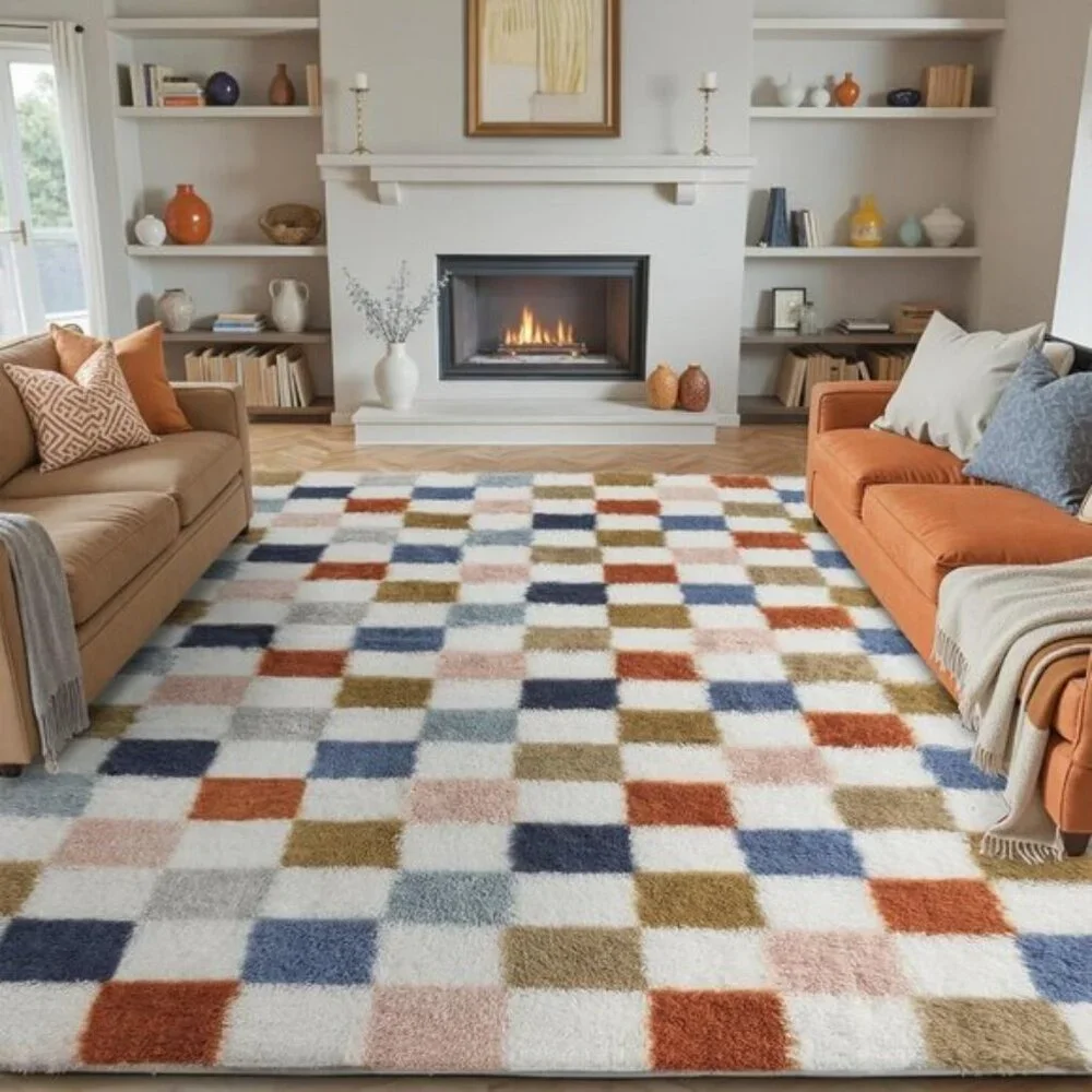 New 8x10 Checkered Rainbow Rug, Washable, Non-Slip, Super Soft Fluffy Carpet